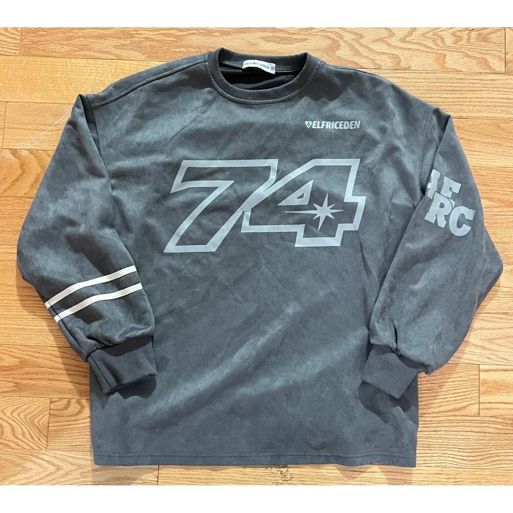Aelfric Eden 74 Graphic Suede Sweatshirt Charcoal Grey Streetwear Mens Medium